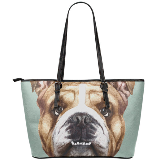 English Bulldog Portrait Print Leather Tote Bag