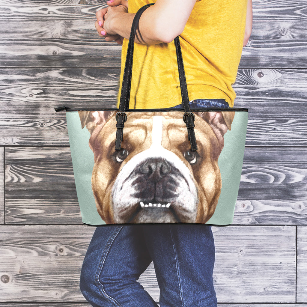 English Bulldog Portrait Print Leather Tote Bag