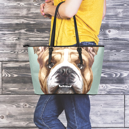 English Bulldog Portrait Print Leather Tote Bag