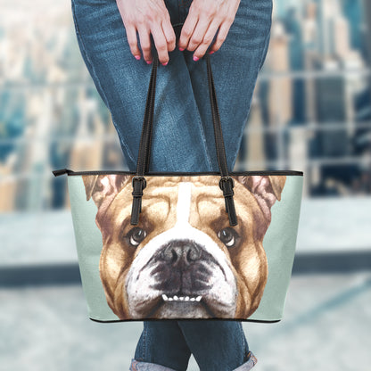 English Bulldog Portrait Print Leather Tote Bag