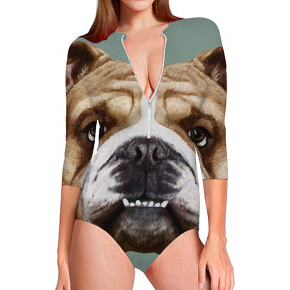 English Bulldog Portrait Print Long Sleeve Swimsuit