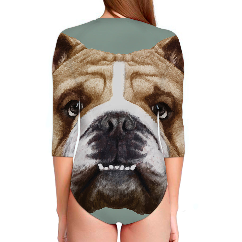 English Bulldog Portrait Print Long Sleeve Swimsuit