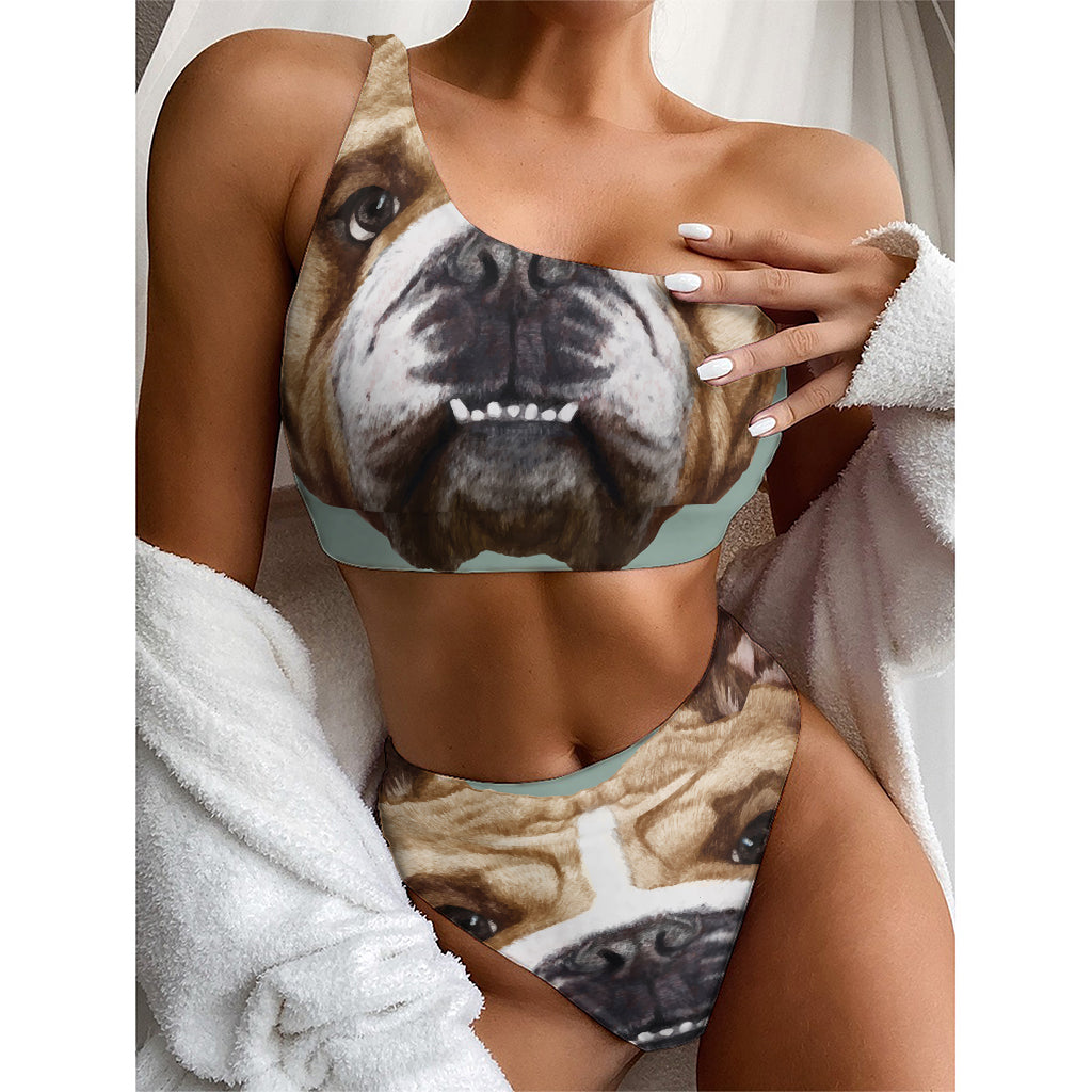 English Bulldog Portrait Print One Shoulder Bikini Top