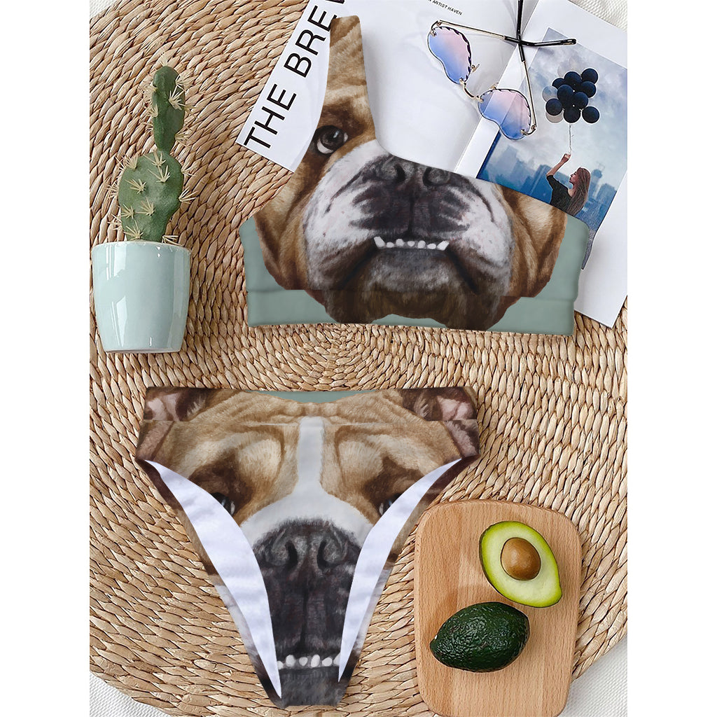 English Bulldog Portrait Print One Shoulder Bikini Top