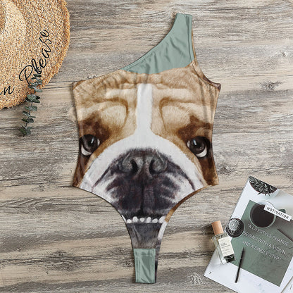 English Bulldog Portrait Print One Shoulder Bodysuit