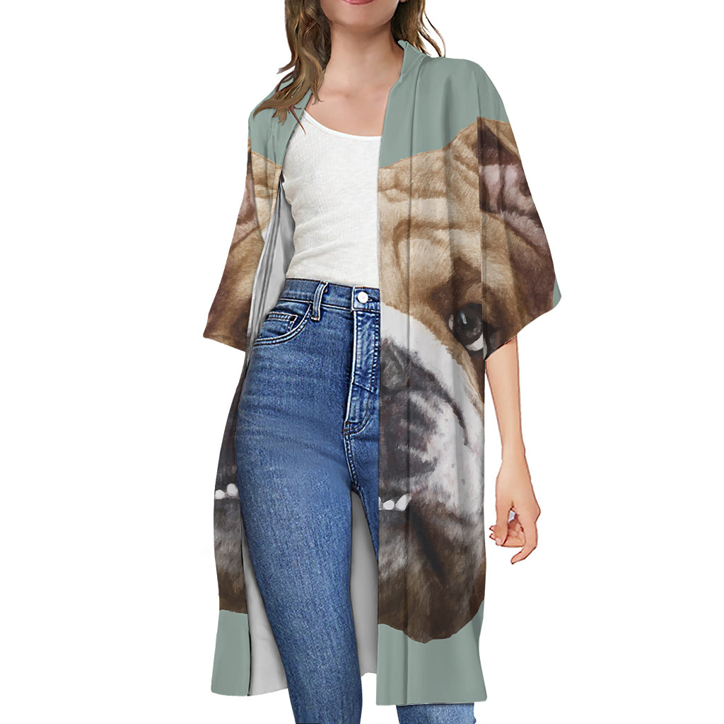 English Bulldog Portrait Print Open Front Beach Cover Up