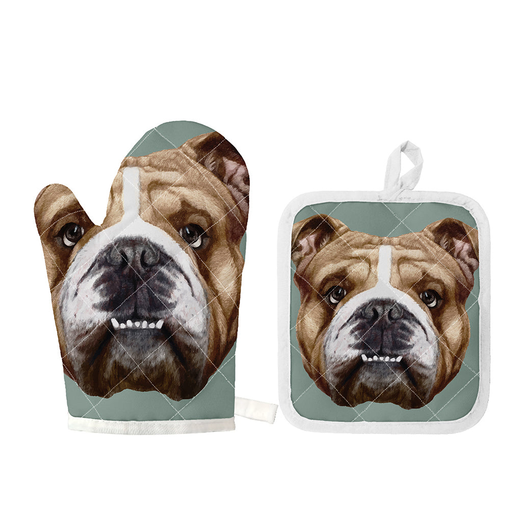 English Bulldog Portrait Print Oven Mitt And Pot Holder Set