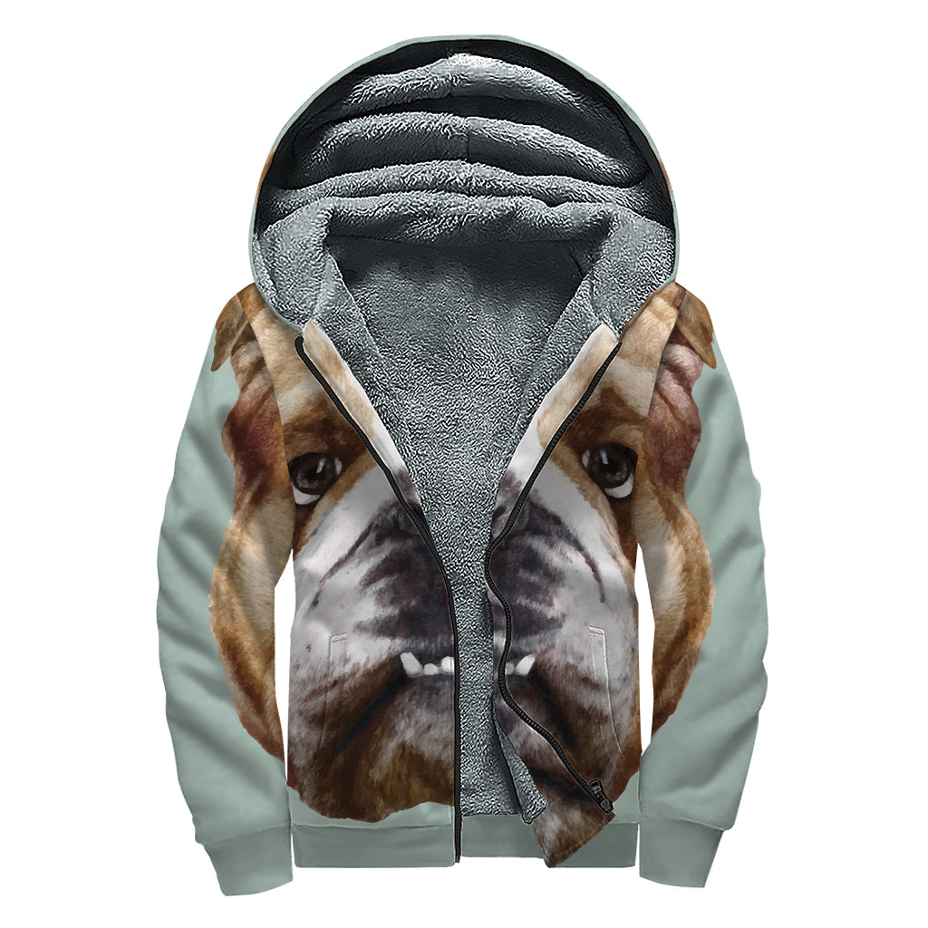 English Bulldog Portrait Print Sherpa Lined Zip Up Hoodie