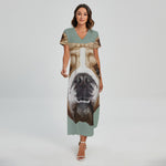 English Bulldog Portrait Print Short Sleeve Maxi Dress