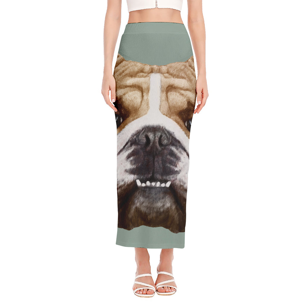 English Bulldog Portrait Print Side Slit Maxi Skirt