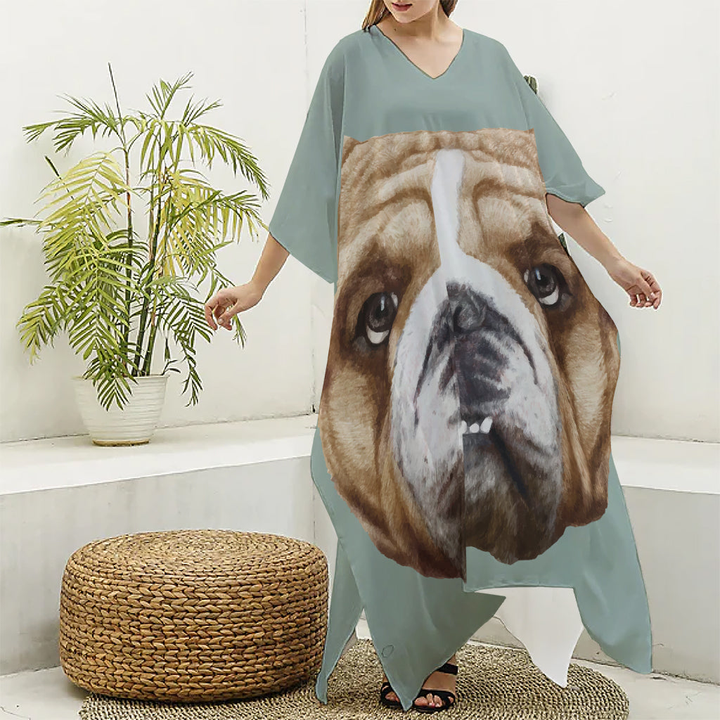 English Bulldog Portrait Print Silk V-Neck Kaftan Dress