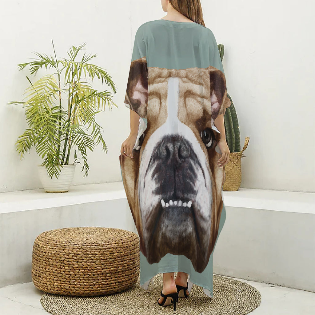 English Bulldog Portrait Print Silk V-Neck Kaftan Dress