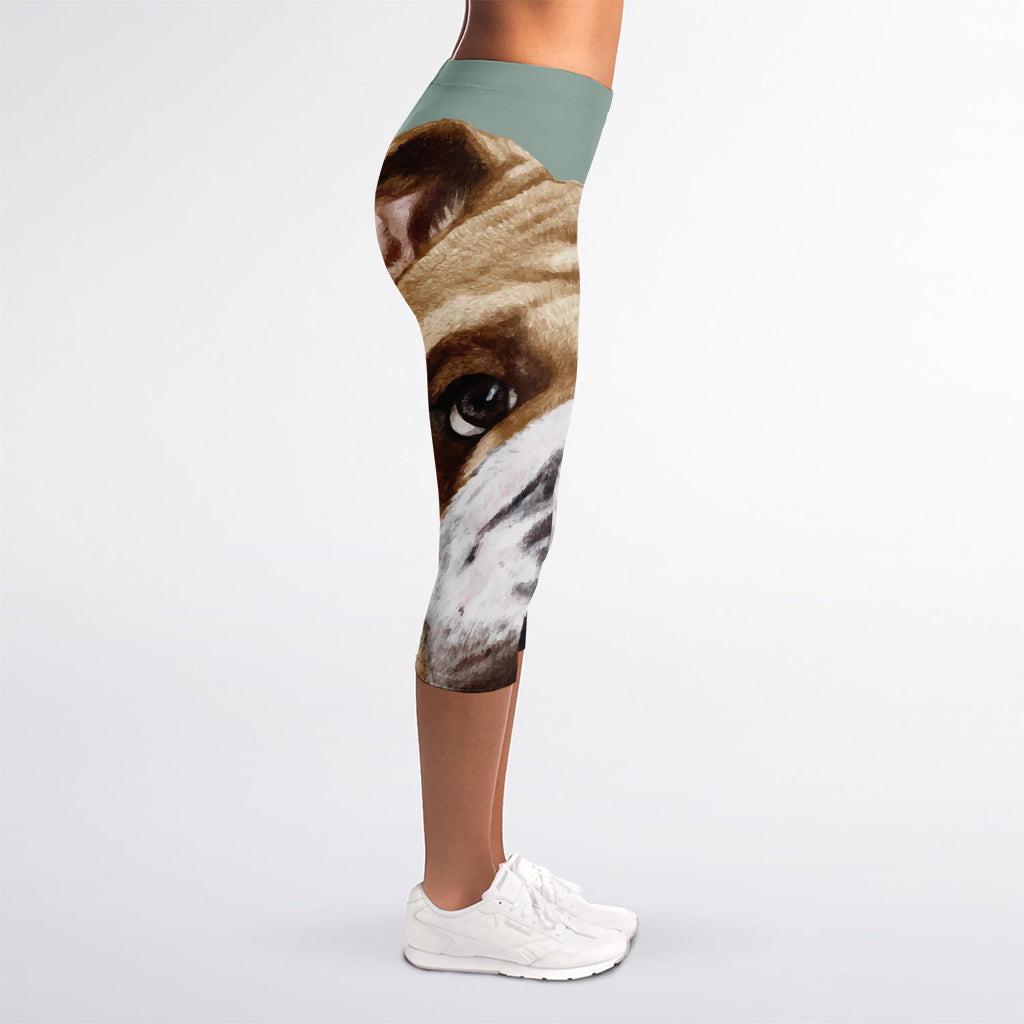 English Bulldog Portrait Print Women's Capri Leggings