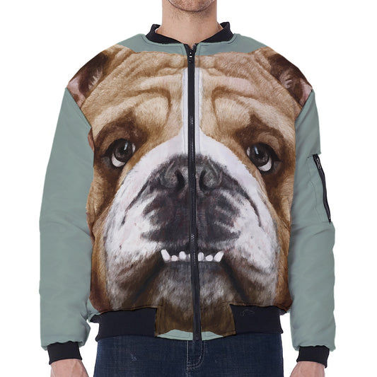English Bulldog Portrait Print Zip Sleeve Bomber Jacket