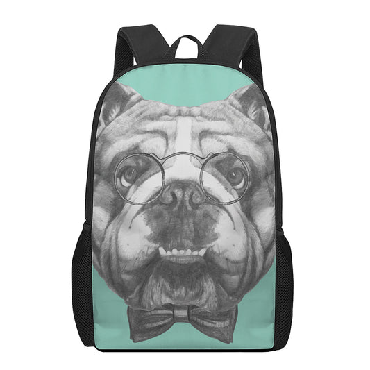 English Bulldog With Glasses Print 17 Inch Backpack