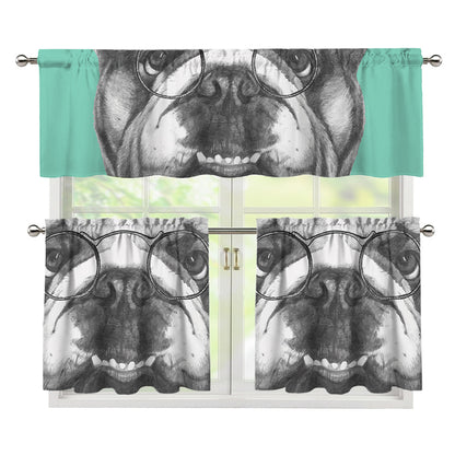 English Bulldog With Glasses Print 3 Piece Kitchen Curtains