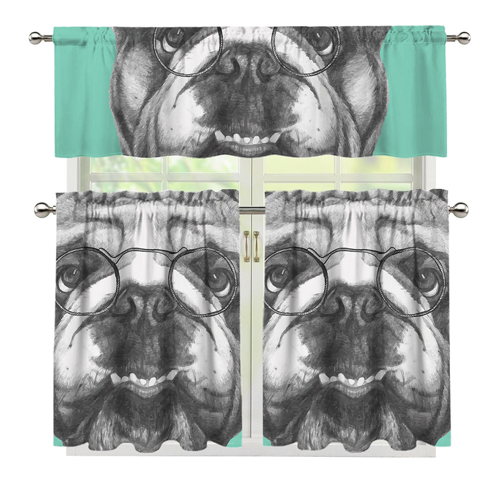 English Bulldog With Glasses Print 3 Piece Kitchen Curtains