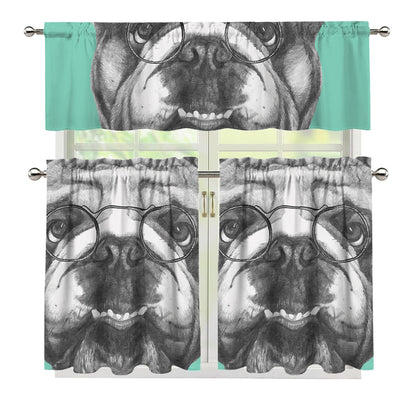 English Bulldog With Glasses Print 3 Piece Kitchen Curtains