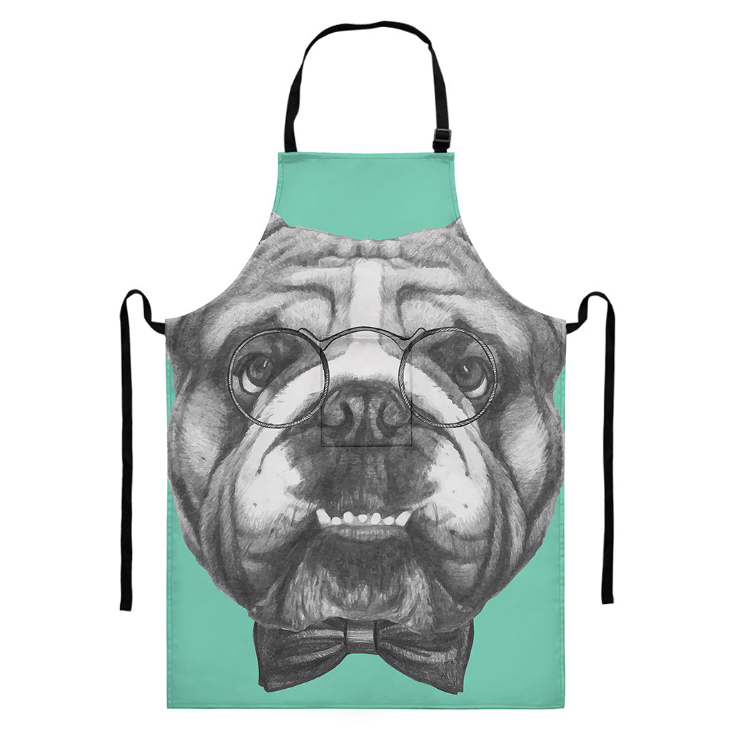 English Bulldog With Glasses Print Bib Apron With Pocket