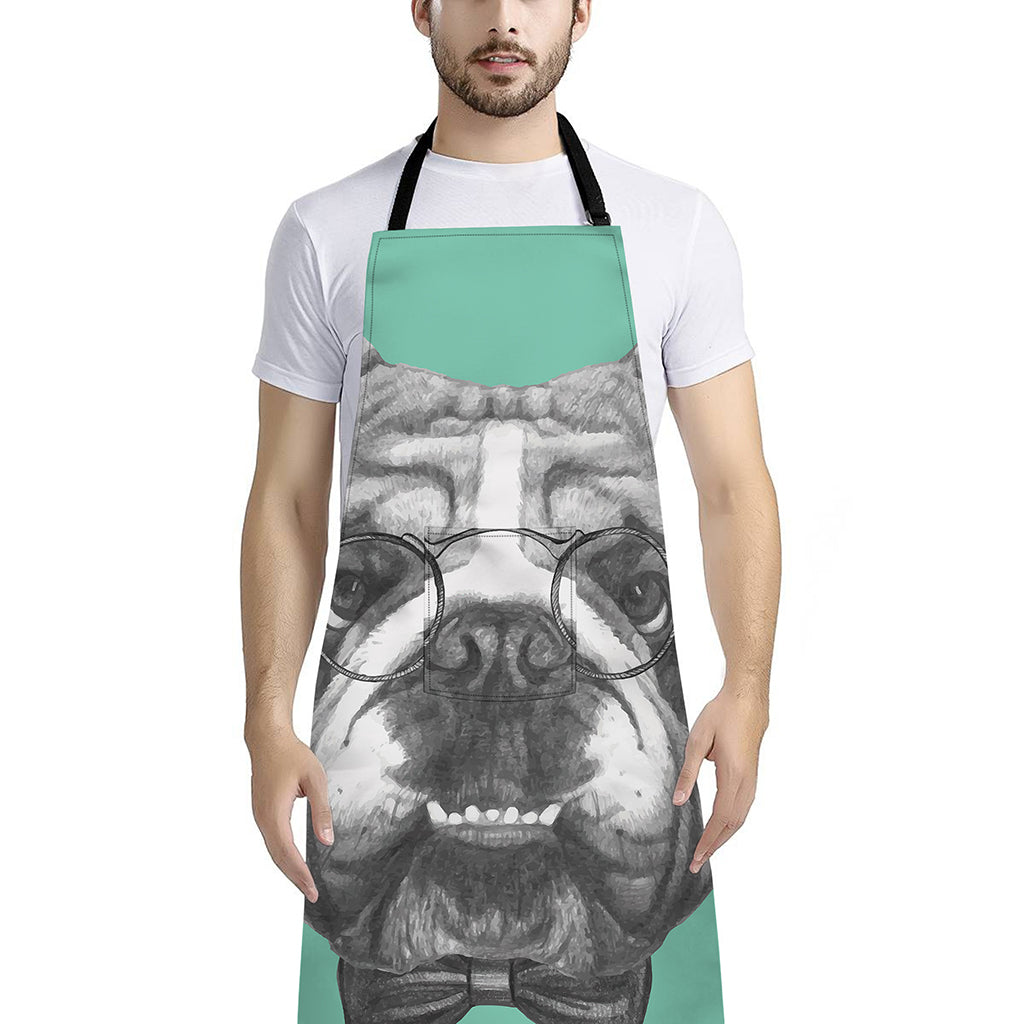English Bulldog With Glasses Print Bib Apron With Pocket