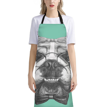English Bulldog With Glasses Print Bib Apron With Pocket