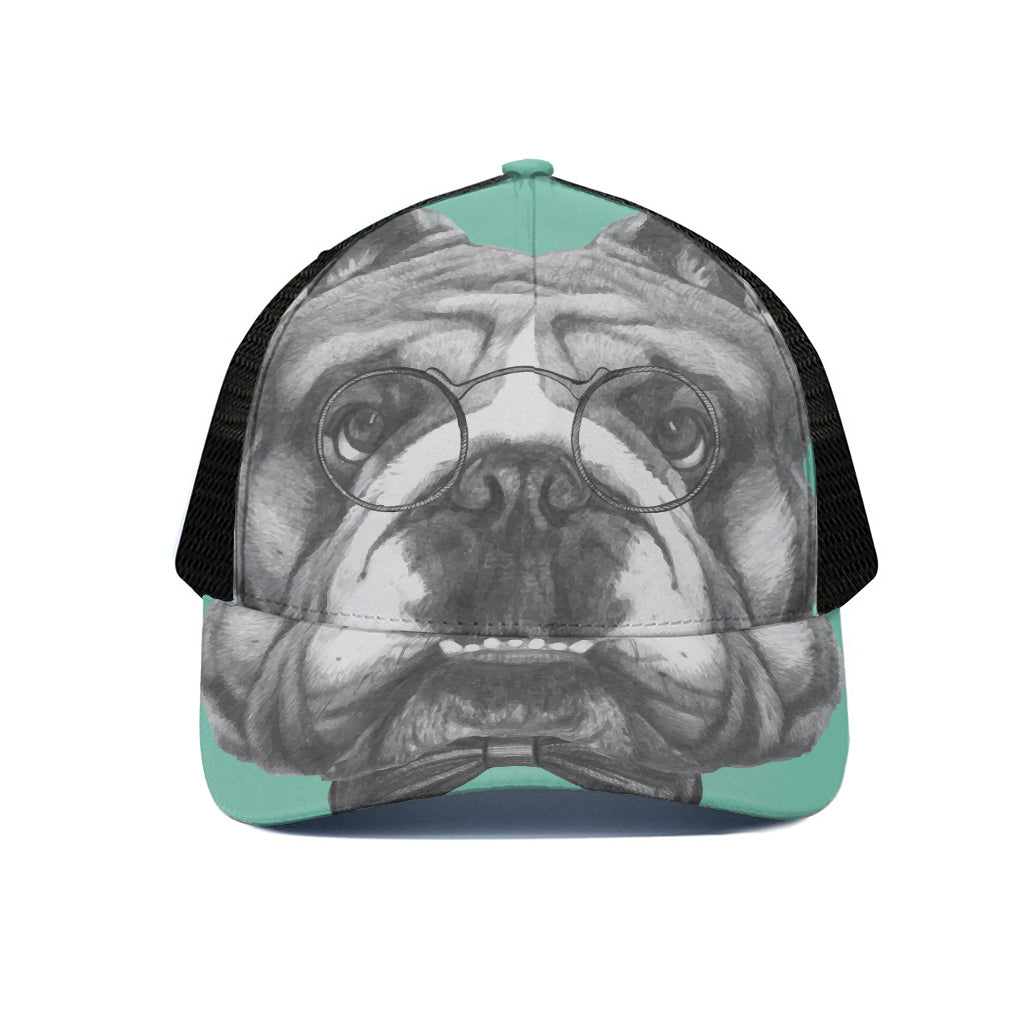English Bulldog With Glasses Print Black Mesh Trucker Cap