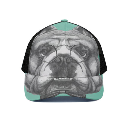 English Bulldog With Glasses Print Black Mesh Trucker Cap