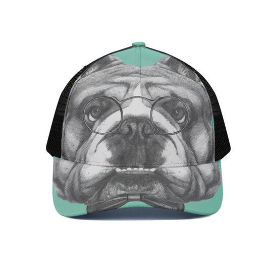 English Bulldog With Glasses Print Black Mesh Trucker Cap