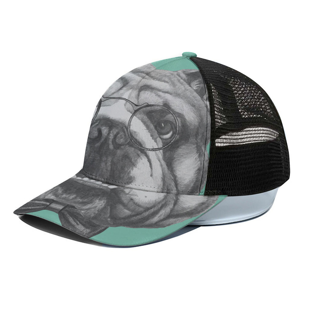 English Bulldog With Glasses Print Black Mesh Trucker Cap