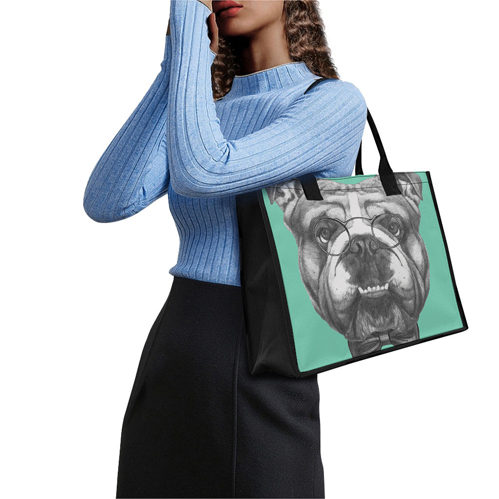 English Bulldog With Glasses Print Canvas Tote Bag