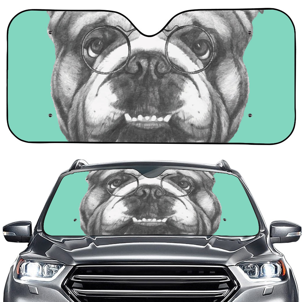 English Bulldog With Glasses Print Car Windshield Sun Shade