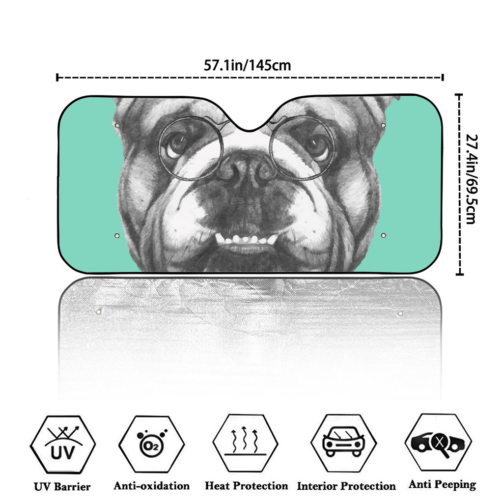 English Bulldog With Glasses Print Car Windshield Sun Shade