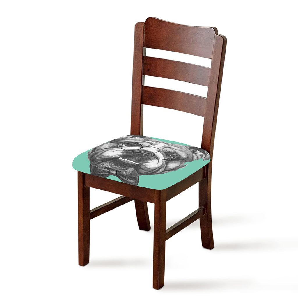 English Bulldog With Glasses Print Chair Cushion Cover