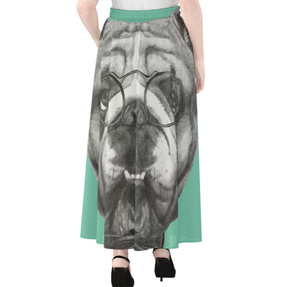 English Bulldog With Glasses Print Chiffon Maxi Skirt