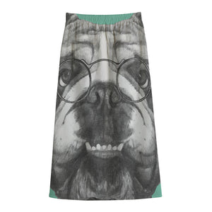 English Bulldog With Glasses Print Cotton Front Slit Maxi Skirt