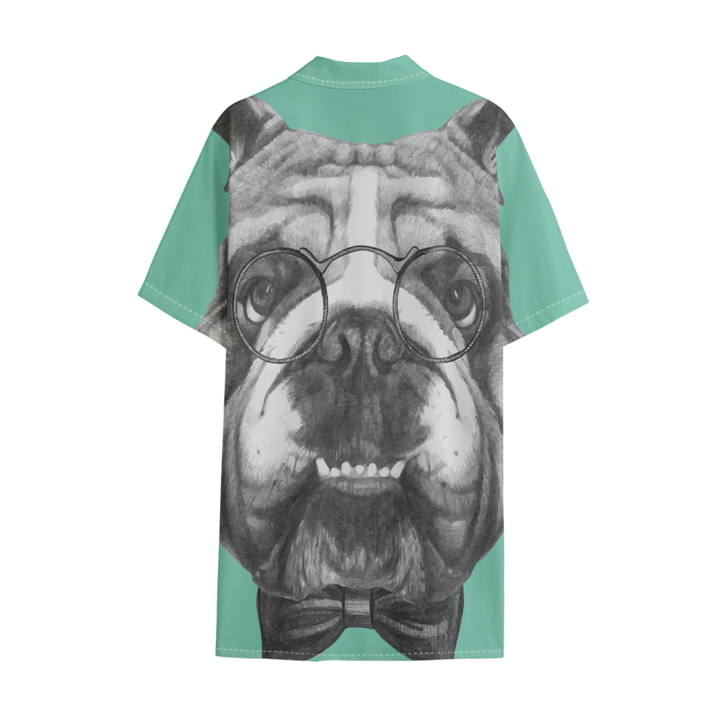 English Bulldog With Glasses Print Cotton Hawaiian Shirt