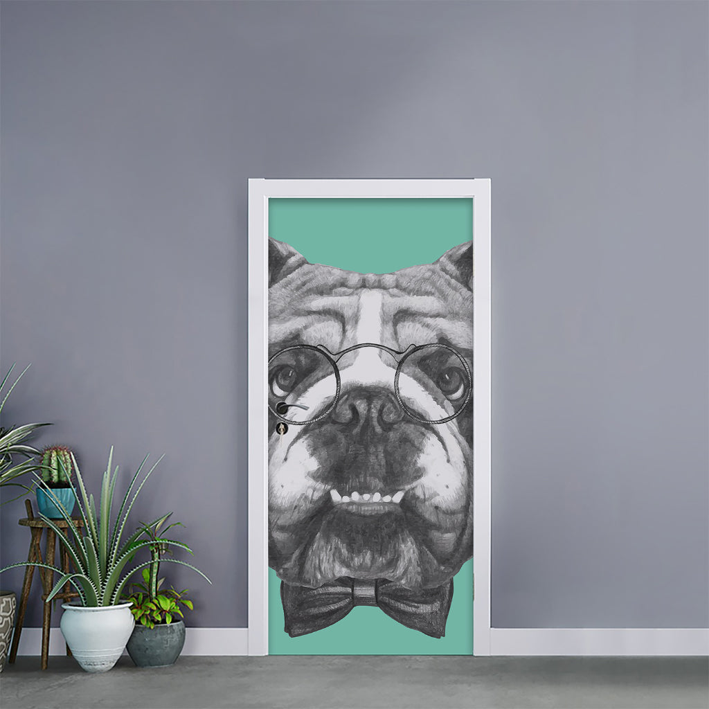 English Bulldog With Glasses Print Door Sticker