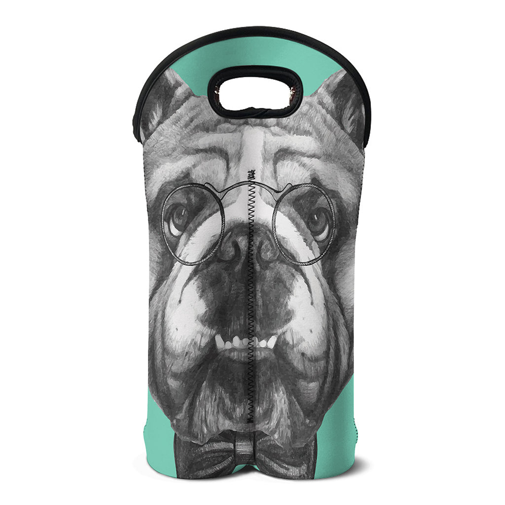 English Bulldog With Glasses Print Double Neoprene Wine Tote