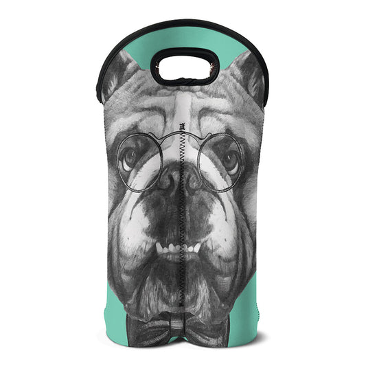 English Bulldog With Glasses Print Double Neoprene Wine Tote