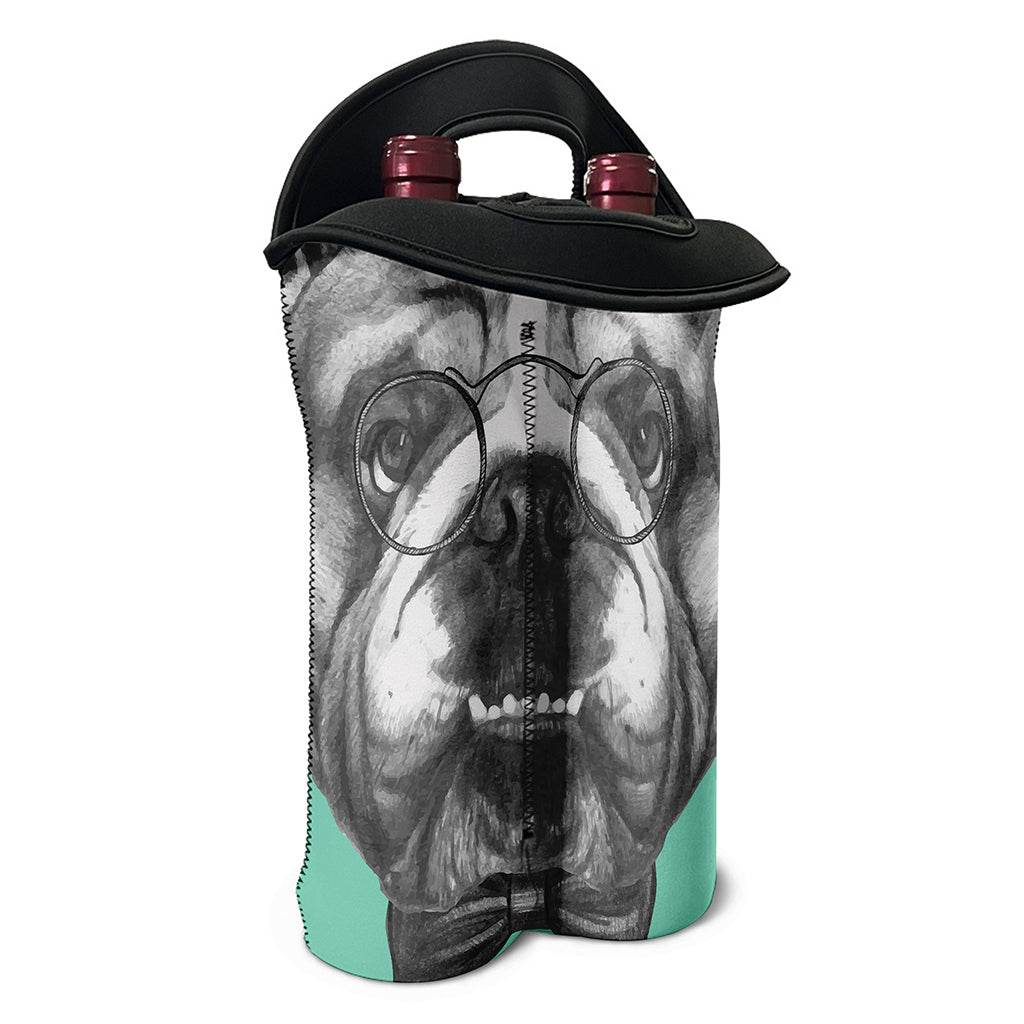 English Bulldog With Glasses Print Double Neoprene Wine Tote