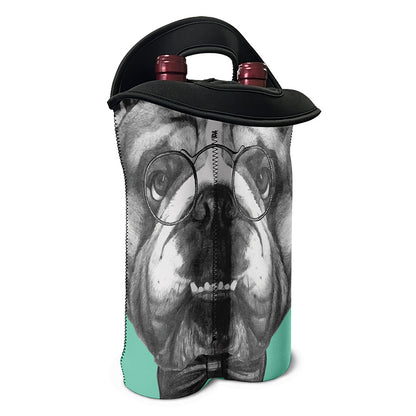 English Bulldog With Glasses Print Double Neoprene Wine Tote