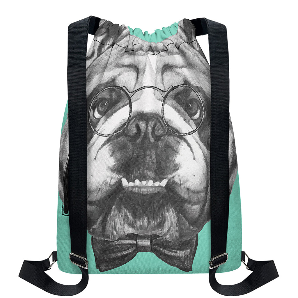 English Bulldog With Glasses Print Drawstring Backpack