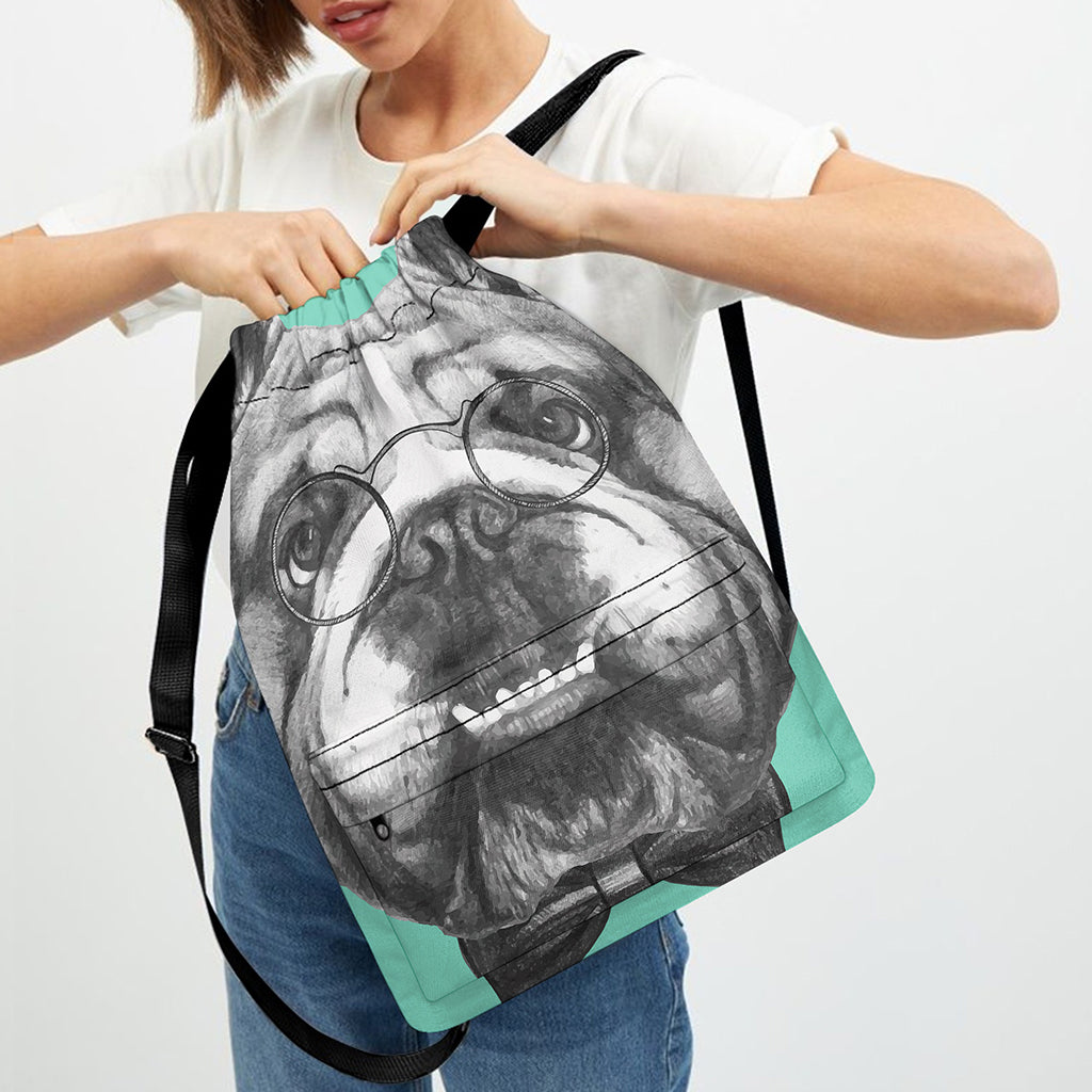English Bulldog With Glasses Print Drawstring Backpack