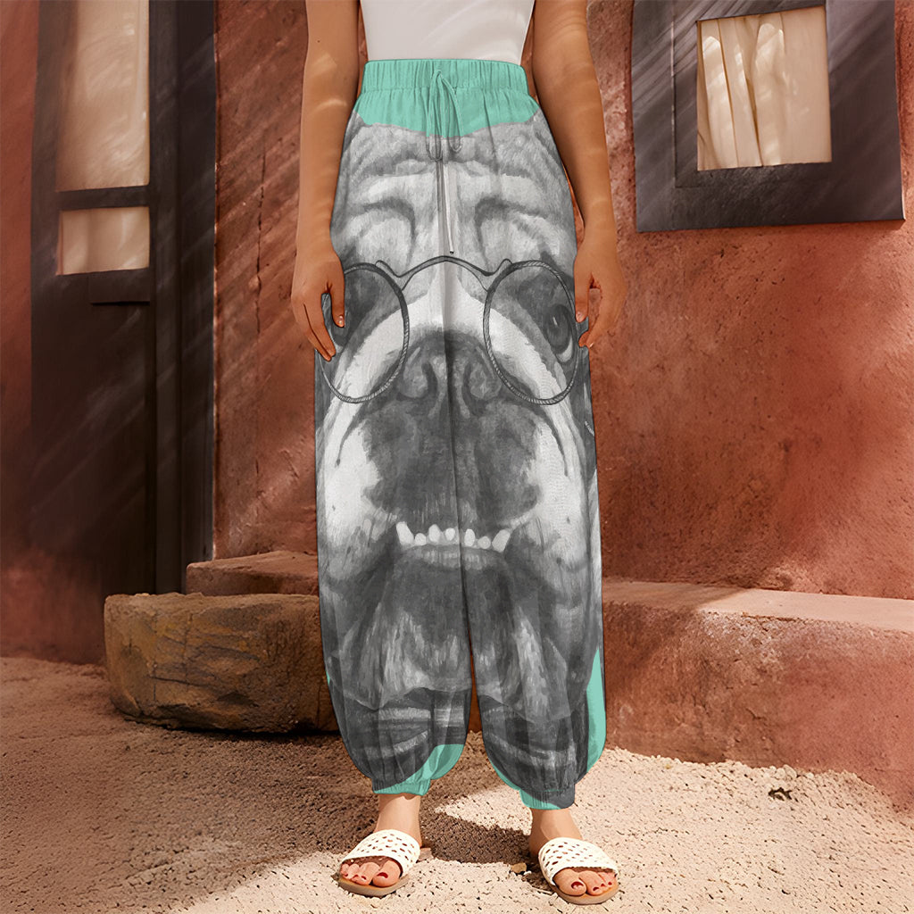 English Bulldog With Glasses Print Harem Pants