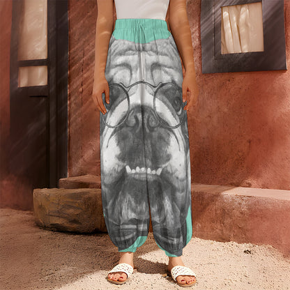 English Bulldog With Glasses Print Harem Pants