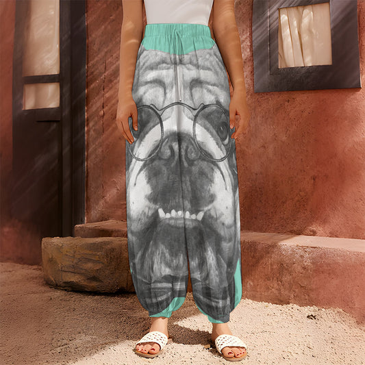 English Bulldog With Glasses Print Harem Pants