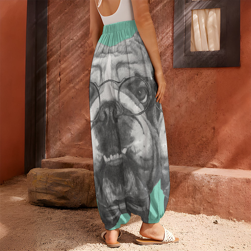 English Bulldog With Glasses Print Harem Pants