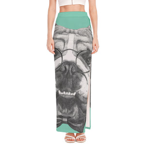 English Bulldog With Glasses Print High Slit Maxi Skirt