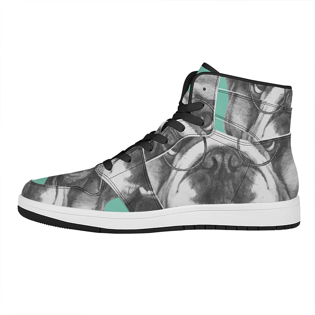 English Bulldog With Glasses Print High Top Leather Sneakers