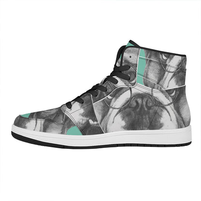 English Bulldog With Glasses Print High Top Leather Sneakers